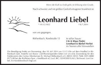 Traueranzeige von Leonhard Liebel von Pegnitz-Zeitung